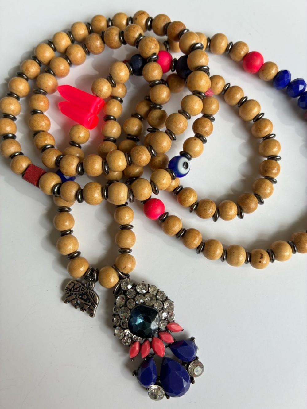 Boho Multi-Bead Pendant Necklace with Hot Pink & Blue Accents